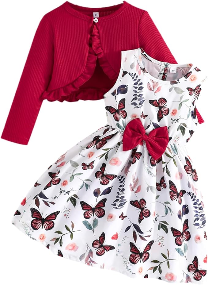 lFloraSet – Abitino Floreale con Cardigan Bambina 2 Pezzi | Vestito Elegante con Giacchina a Volant 2-8 Anni